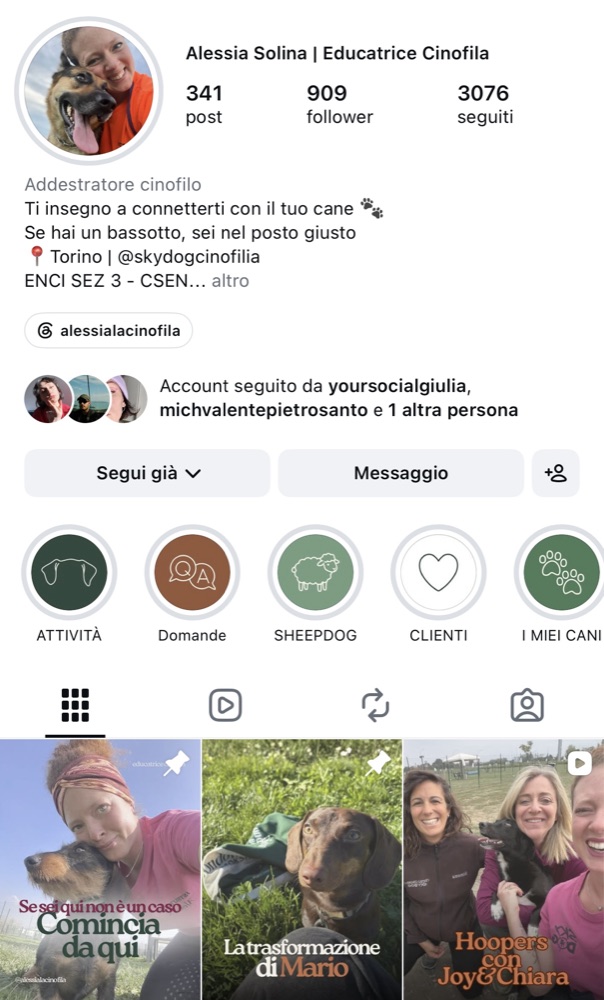 Il profilo Instagram di Alessia Solina, educatrice cinofila